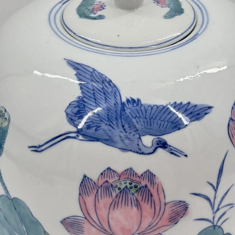 Vintage Chinese Lotus & Crane Ginger Jar Lidded Porcelain Famille Verte Style